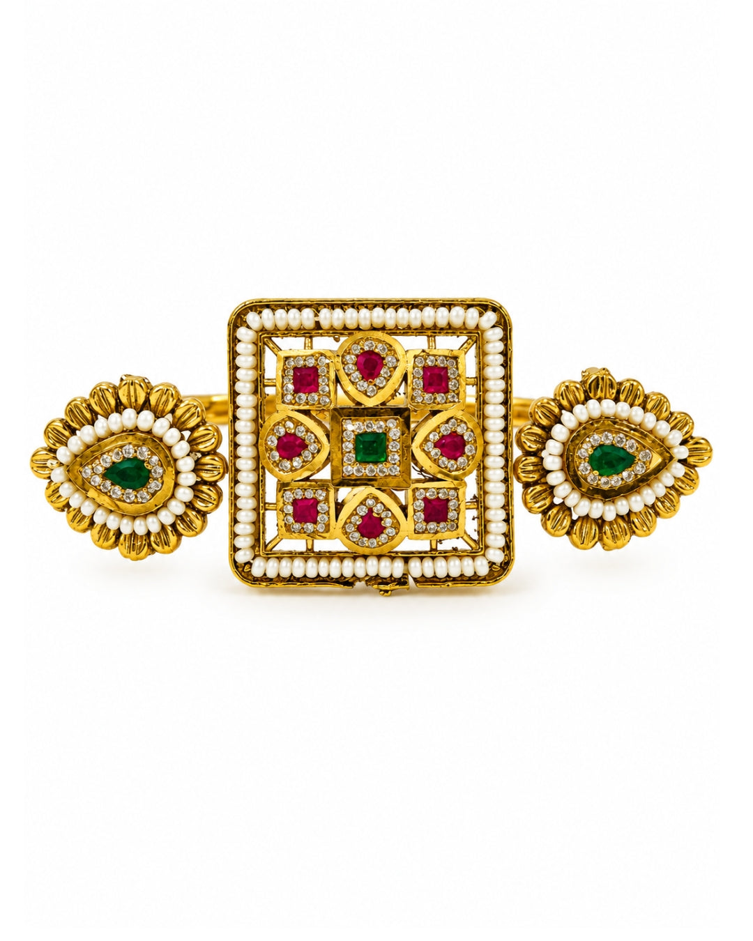 Brass Gold-Plated Jadau Square & Drop Double Finger Ring