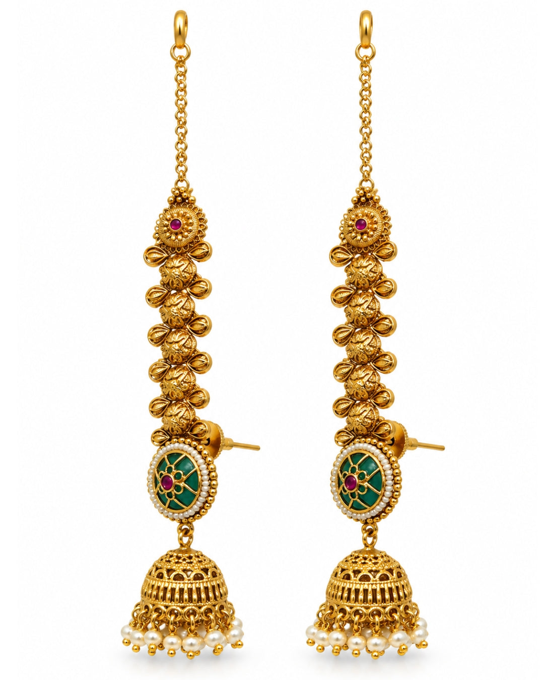 Women Brass 22K Micron Rajwadi Gold Plated White Beaded Chain Jhumka Earrings