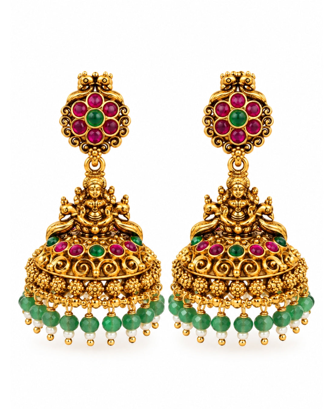 Mint Green Beaded & Red stone Temple Jhumka Earrings