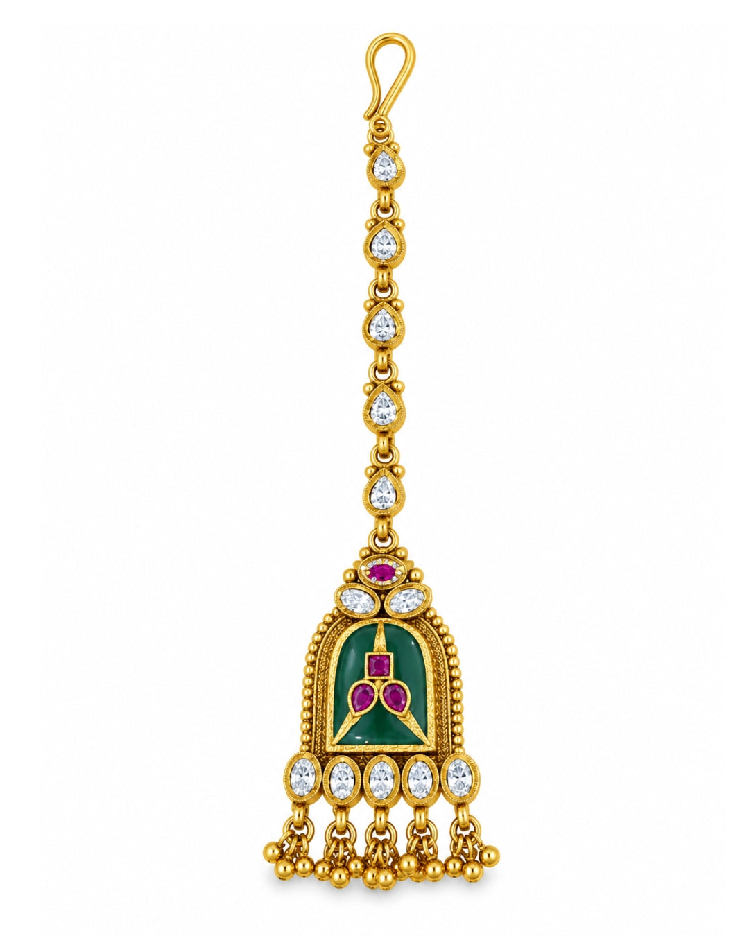 Brass Emerald & White Stone Beaded Gold-Plated Maang Tikka