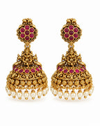 Temple White beaded Red Stone Traditional Jhumka Earrings
