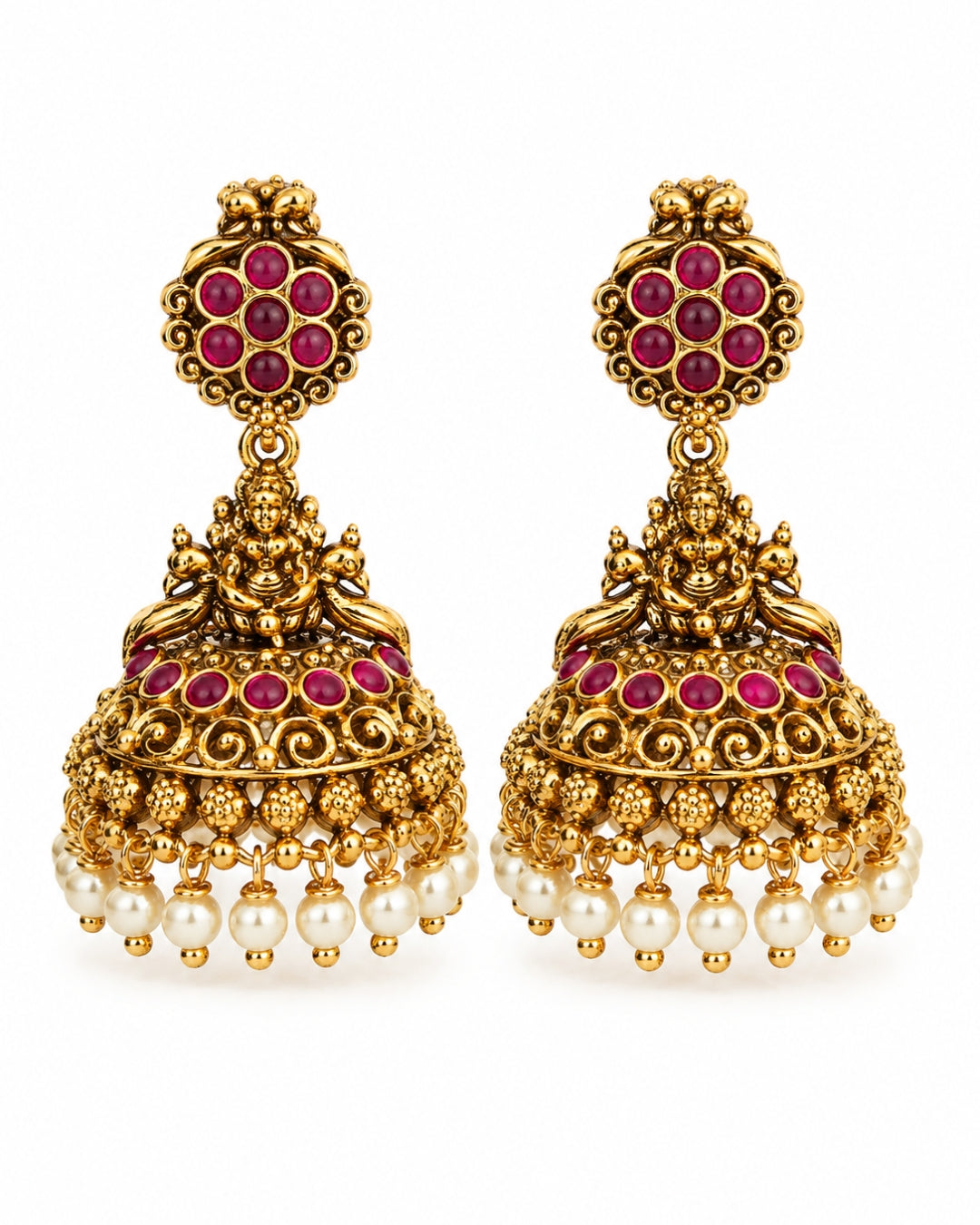 Temple White beaded Red Stone Traditional Jhumka Earrings