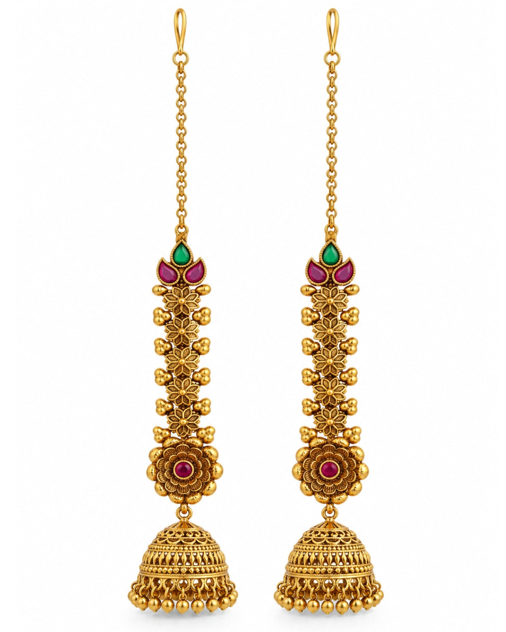 Traditional Brass 22K Micron Gold Plated Chain Jhumka Earrings