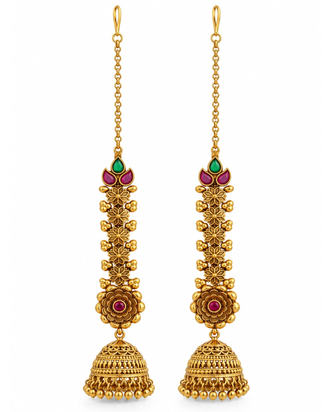 Traditional Brass 22K Micron Gold Plated Chain Jhumka Earrings