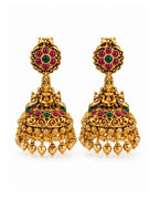 Temple Red & Green Stone Gold Plated Jhumka Earrings