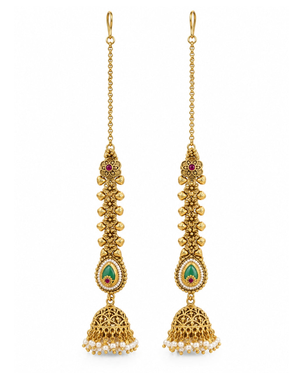 Women Brass 22K Micron Gold Plated Rajwadi Drop Shaped Green Stone Chain Jhumka Earrings