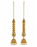 Women Brass 22K Micron Gold Plated Rajwadi Drop Shaped Green Stone Chain Jhumka Earrings