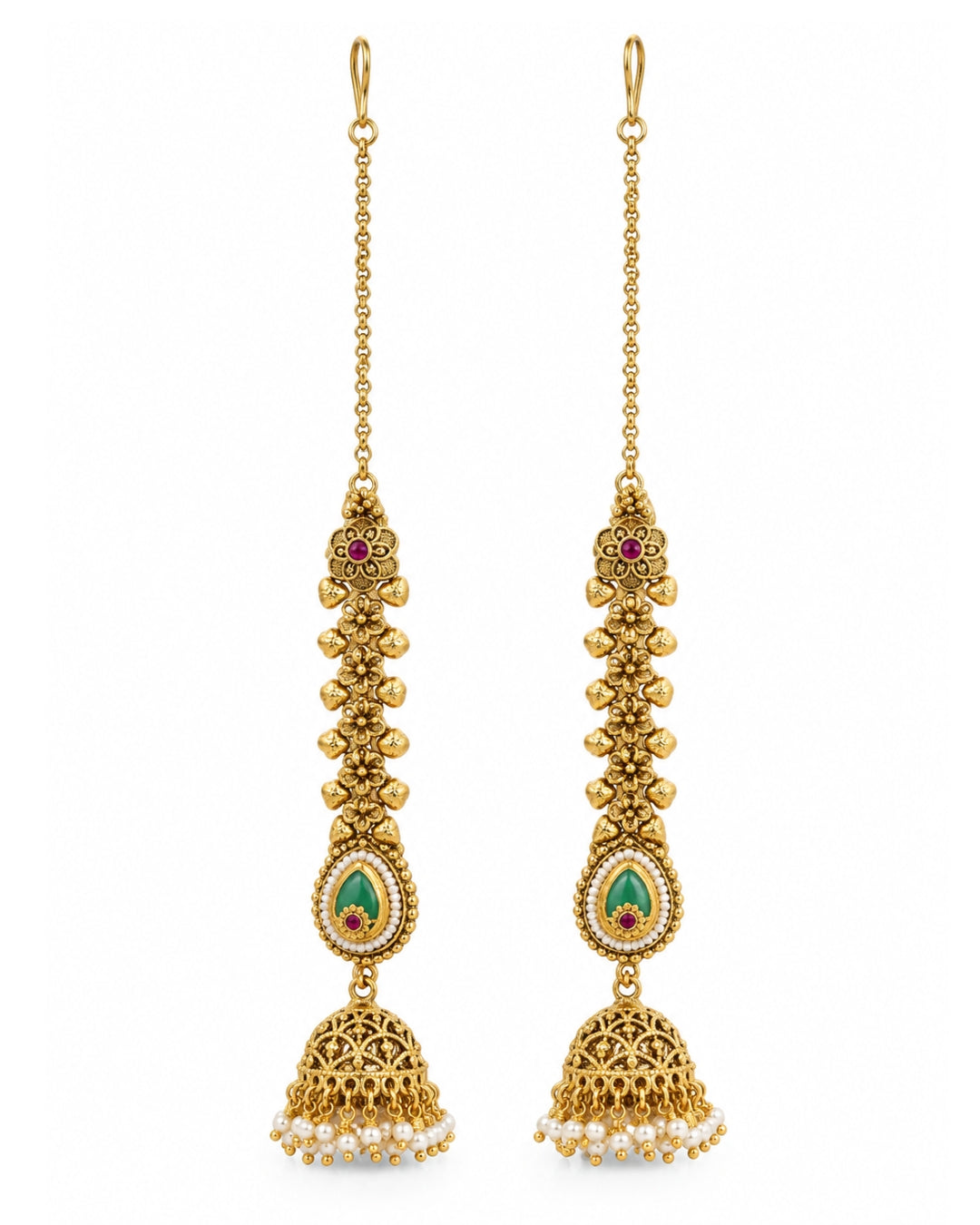 Women Brass 22K Micron Gold Plated Rajwadi Drop Shaped Green Stone Chain Jhumka Earrings