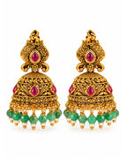 Traditional Gold-Plated Red stone & Mint Beads Bird Jhumka Earrings
