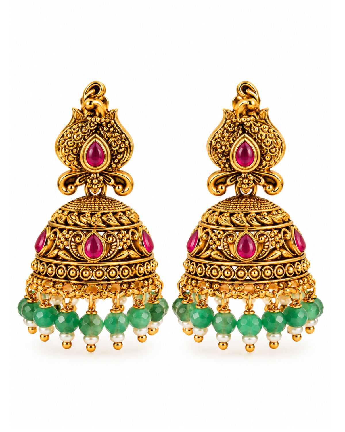 Traditional Gold-Plated Red stone & Mint Beads Bird Jhumka Earrings