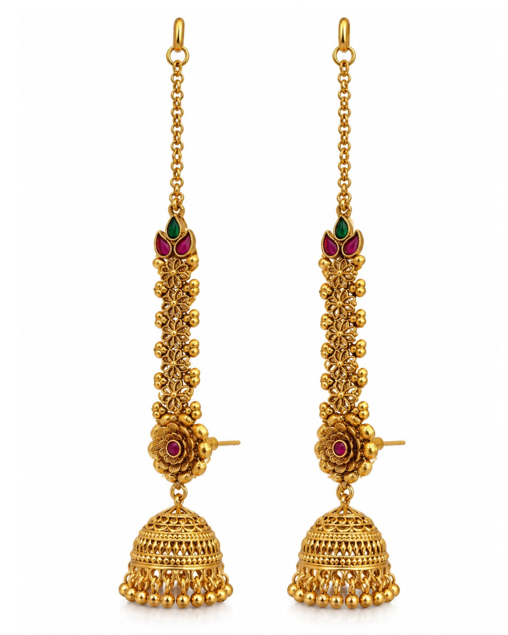 Traditional Brass 22K Micron Gold Plated Chain Jhumka Earrings