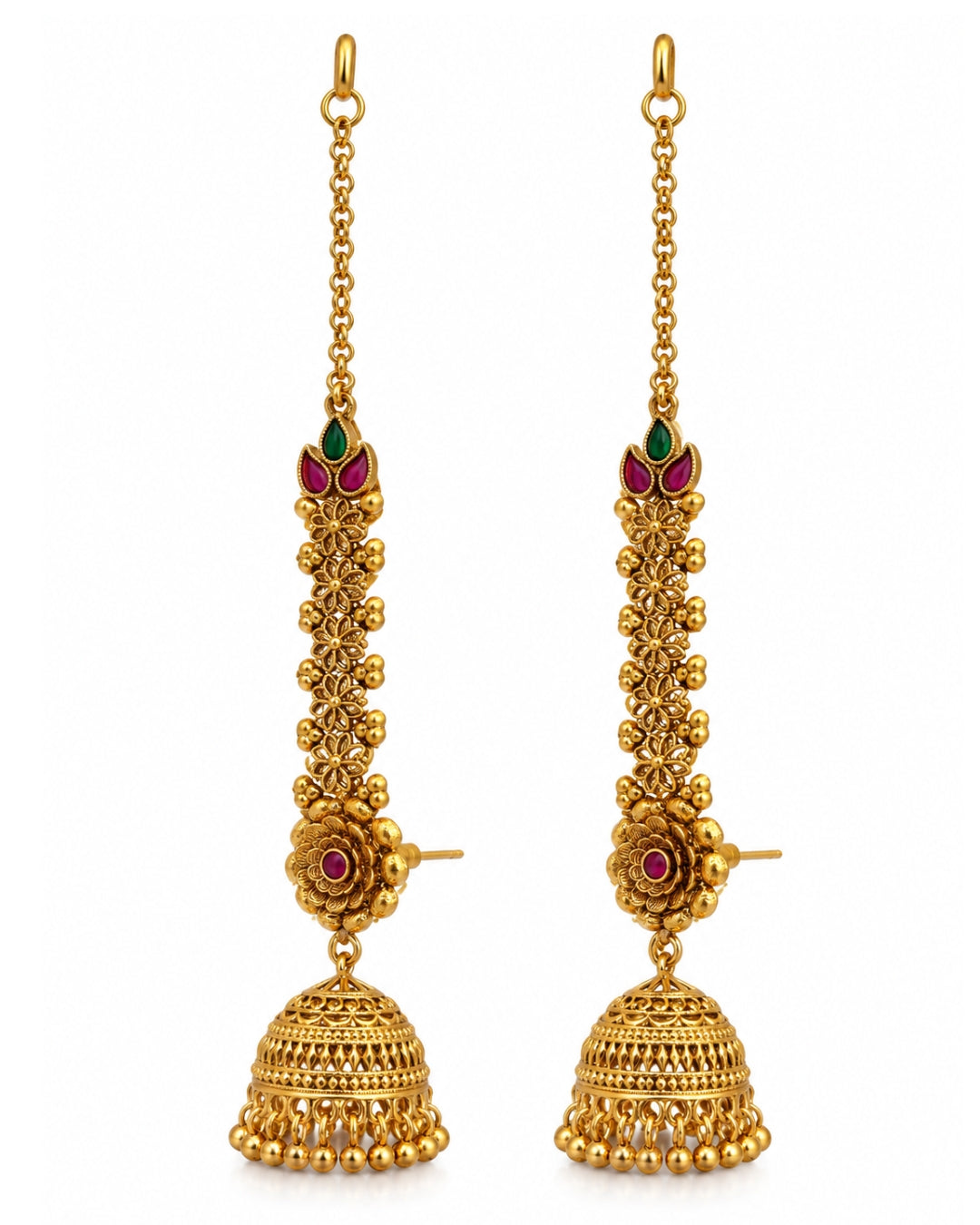 Traditional Brass 22K Micron Gold Plated Chain Jhumka Earrings