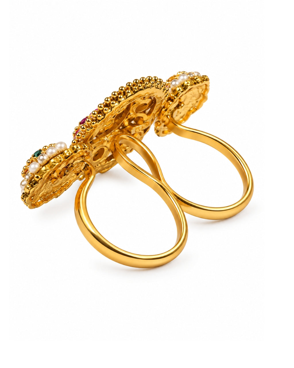 Brass Gold-Plated Jadau Round Pink & White Stone Double Finger Ring