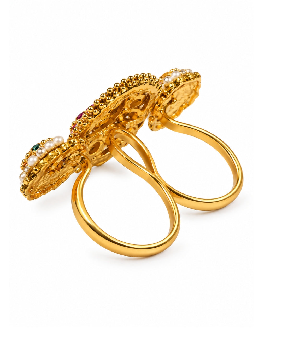Brass Gold-Plated Jadau Round Pink & White Stone Double Finger Ring