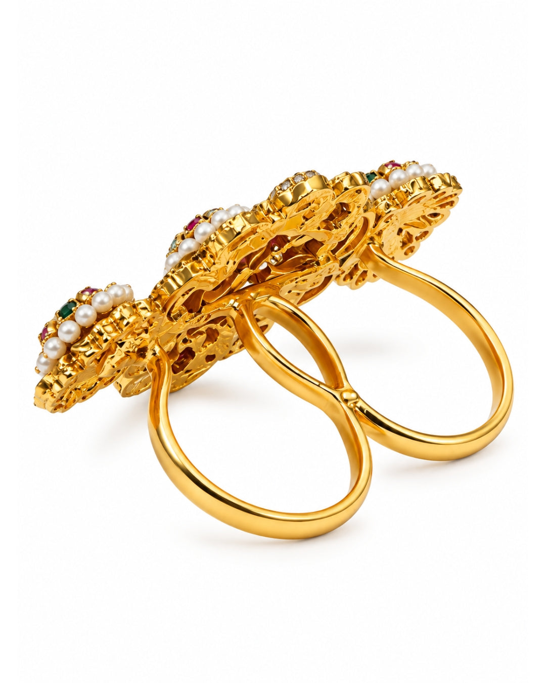 Brass Gold Plated Jadau Leafy Double FInger Ring