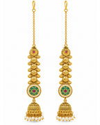 Women Brass 22K Micron Rajwadi Gold Plated White Beaded Chain Jhumka Earrings