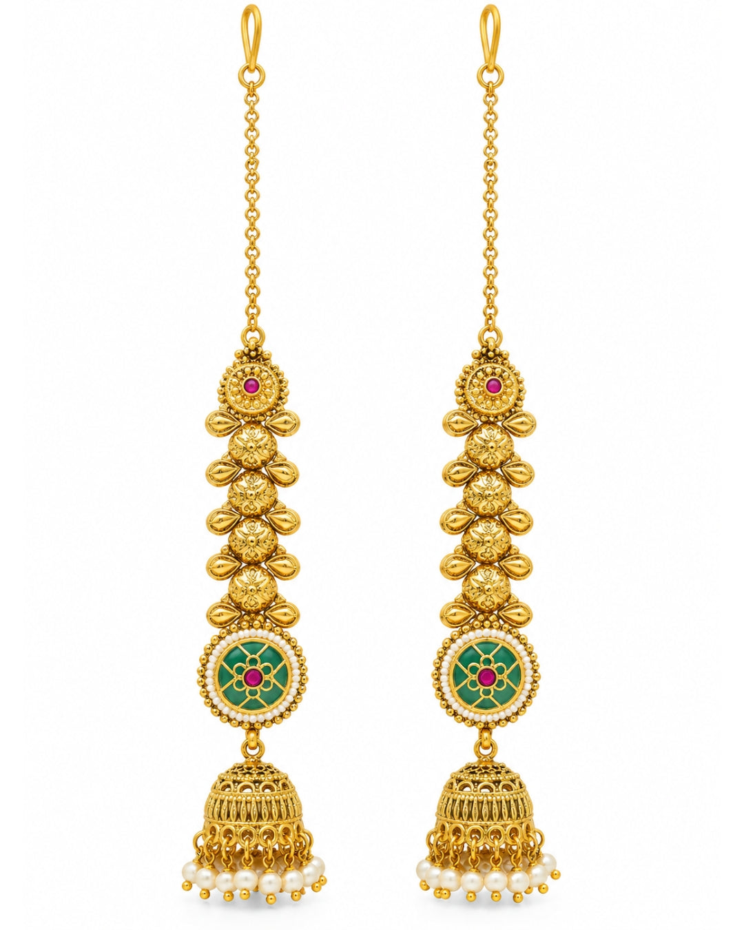 Women Brass 22K Micron Rajwadi Gold Plated White Beaded Chain Jhumka Earrings