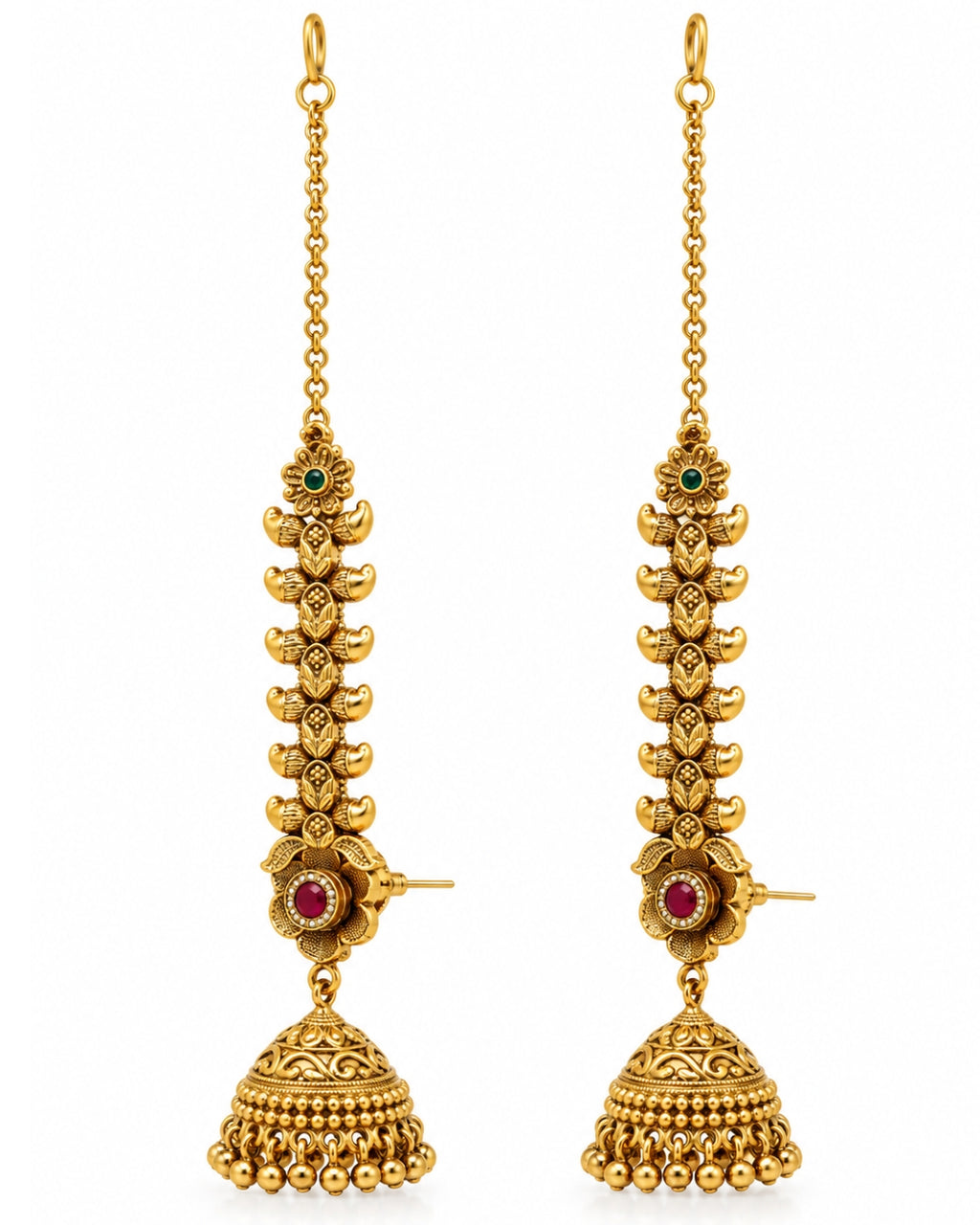 Women Brass 22K Micron Gold Plated Red Stone and AD Floral Traditional Chain Jhumka Earrings