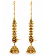 Women Brass 22K Micron Gold Plated Red Stone and AD Floral Traditional Chain Jhumka Earrings