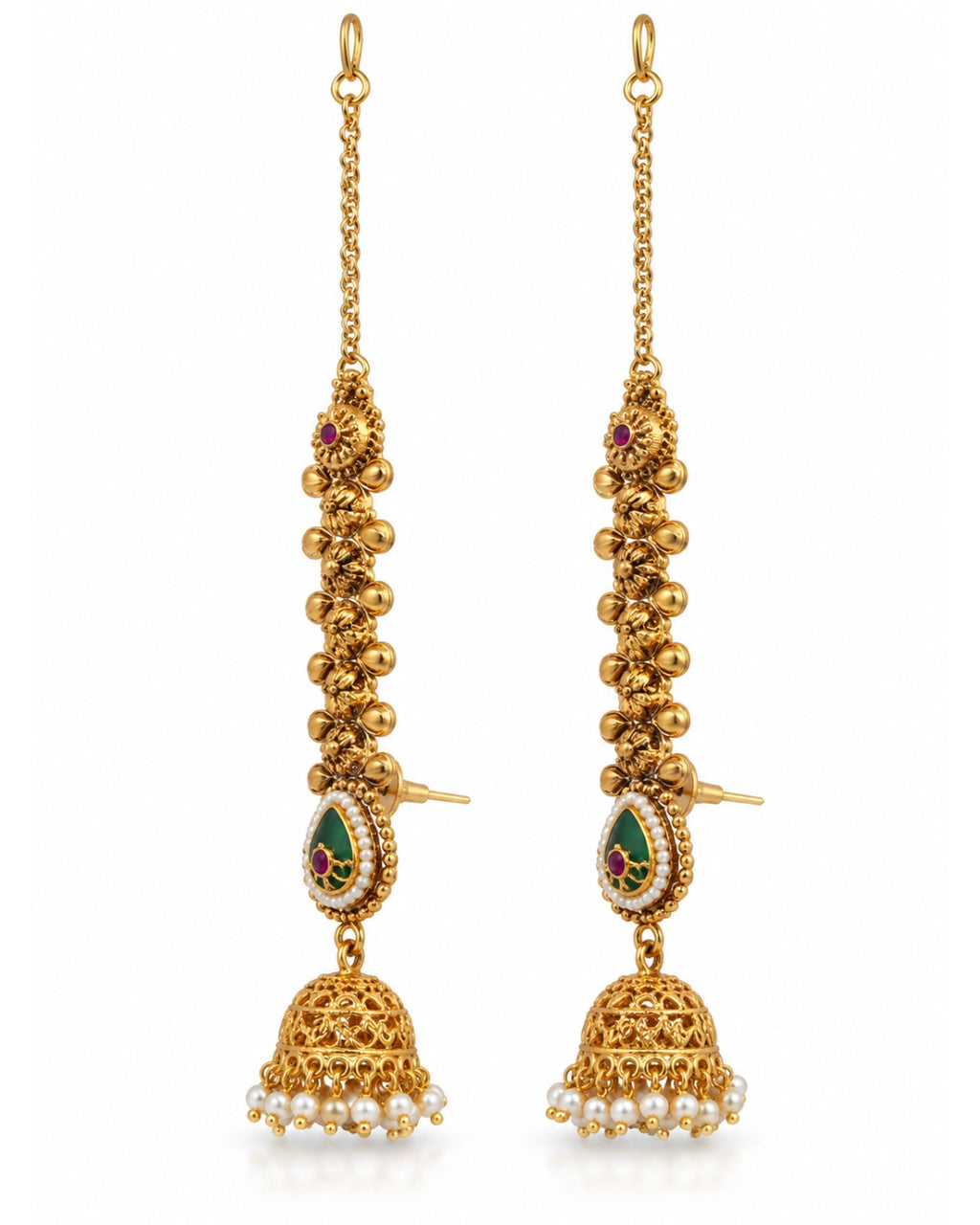 Women Brass 22K Micron Gold Plated Rajwadi Drop Shaped Green Stone Chain Jhumka Earrings