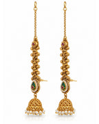 Women Brass 22K Micron Gold Plated Rajwadi Drop Shaped Green Stone Chain Jhumka Earrings