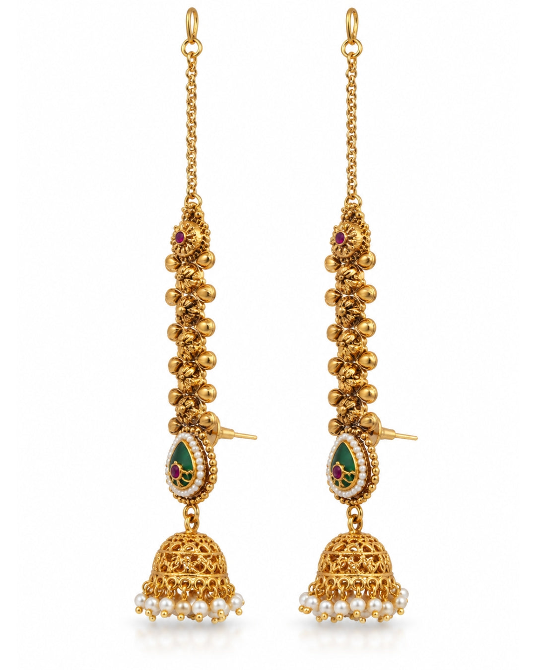 Women Brass 22K Micron Gold Plated Rajwadi Drop Shaped Green Stone Chain Jhumka Earrings