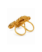 Brass Gold-Plated Jadau Round Pearl & Stone Studded Double Finger Ring