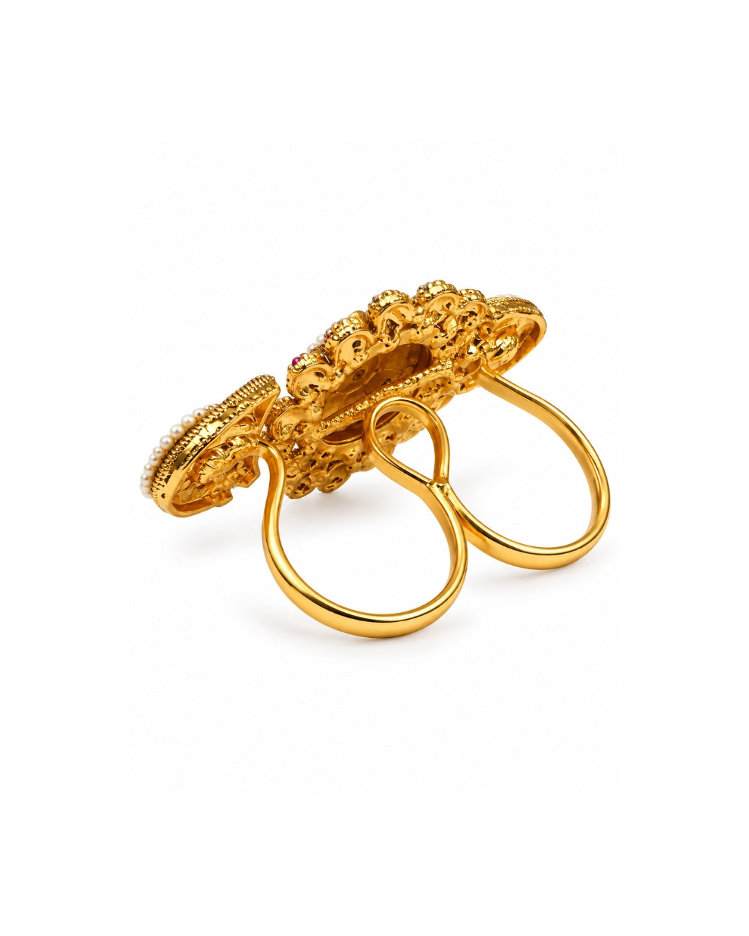 Brass Gold-Plated Jadau Round Pearl & Stone Studded Double Finger Ring