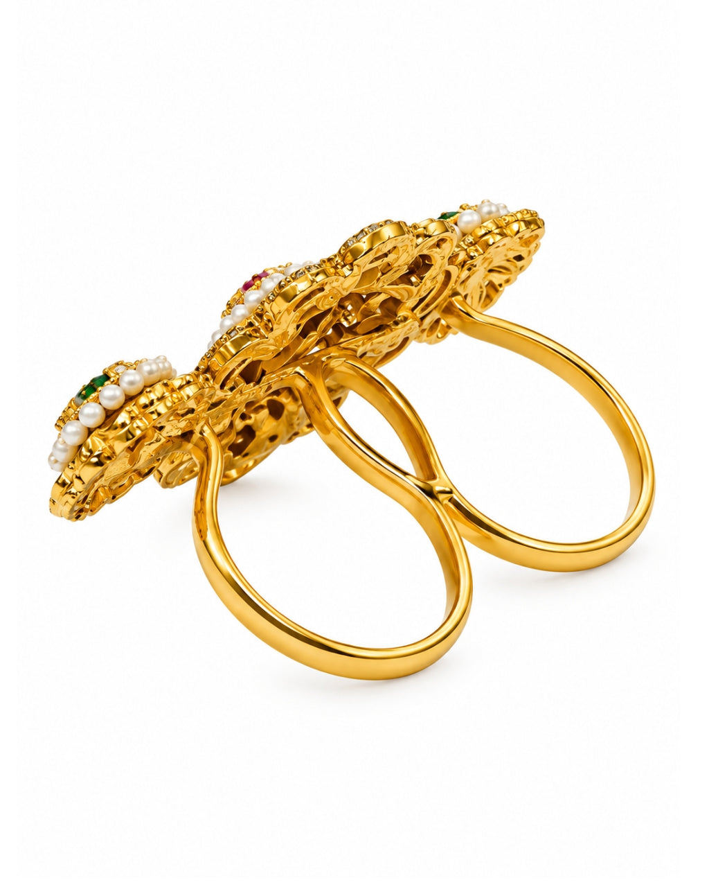 Brass Gold Plated Floral Jadau Double Floral Finger Ring