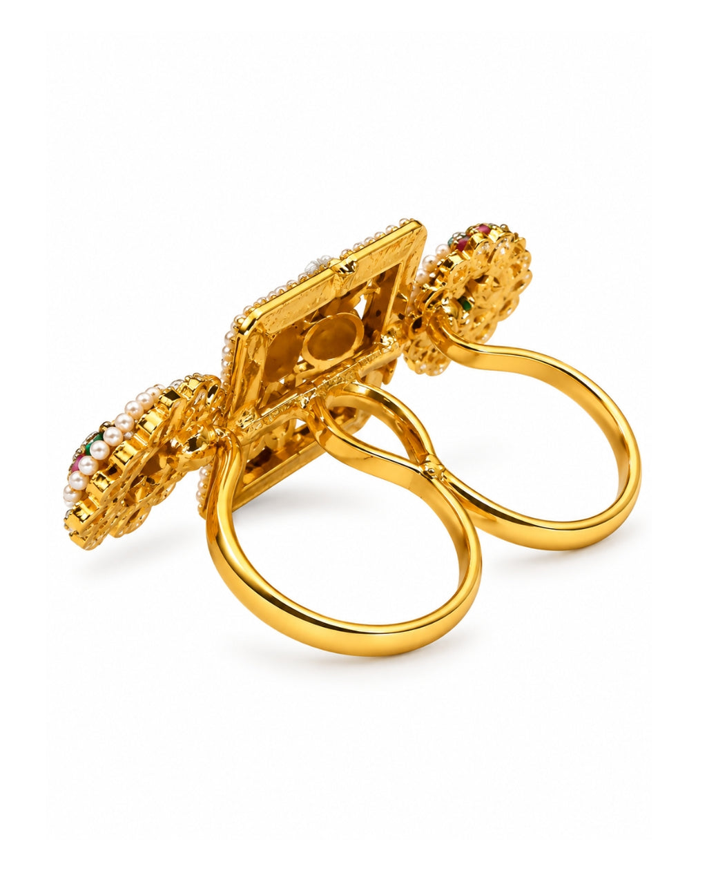 Brass Gold-Plated Jadau Square & Drop Double Finger Ring
