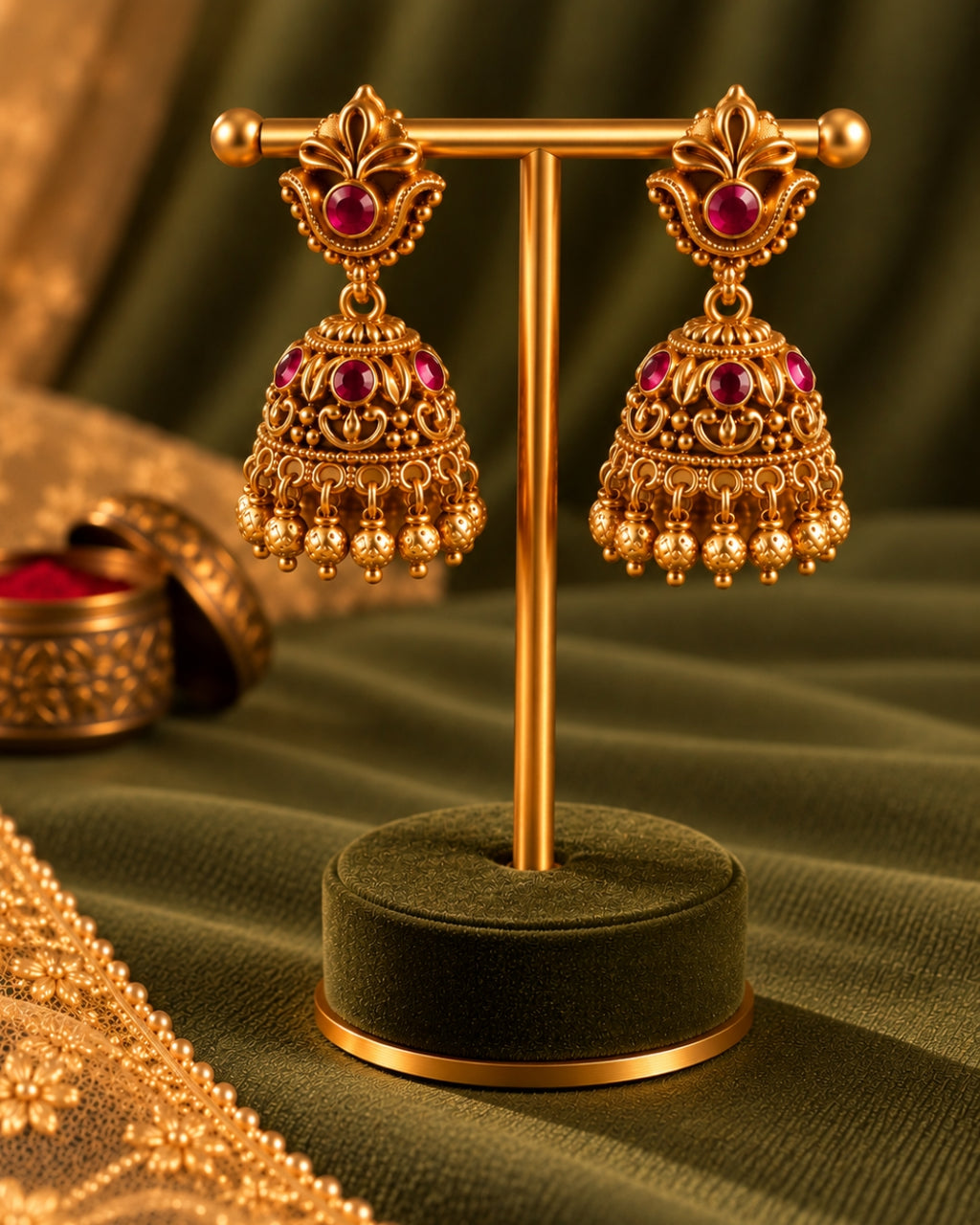 Gold-Plated Golden Beads & Red Stones Traditional Jhumka Earrings