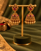 Gold-Plated Golden Beads & Red Stones Traditional Jhumka Earrings