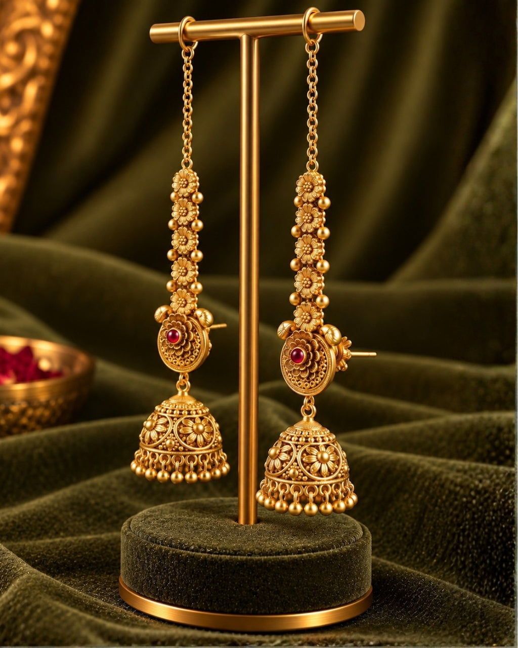 Women Traditional Brass 22K Micron Gold Plated Chain Jhumka Earrings