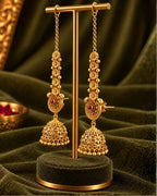 Women Traditional Brass 22K Micron Gold Plated Chain Jhumka Earrings