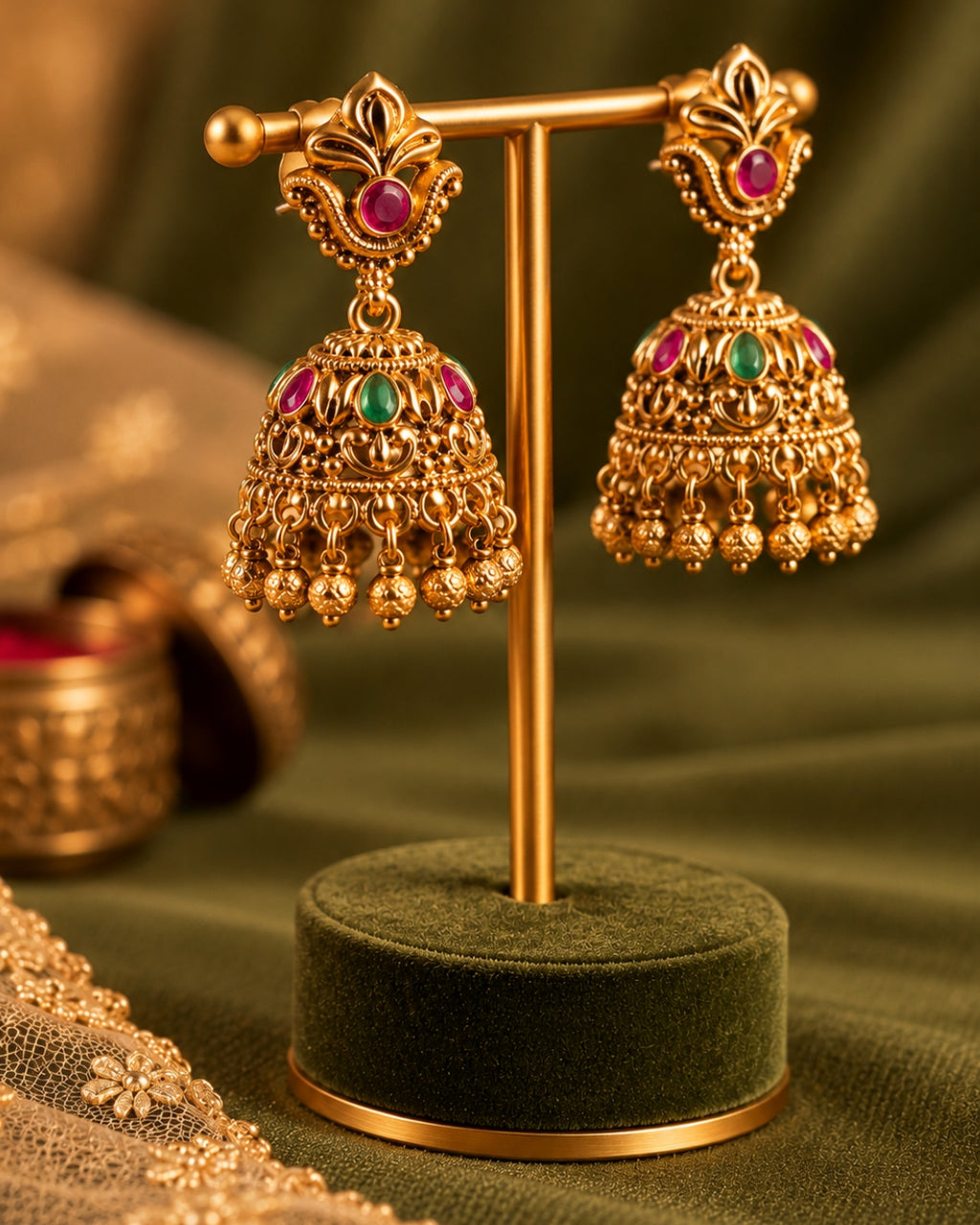 Traditional Gold-Plated Multicolour stones Jhumka Earrings