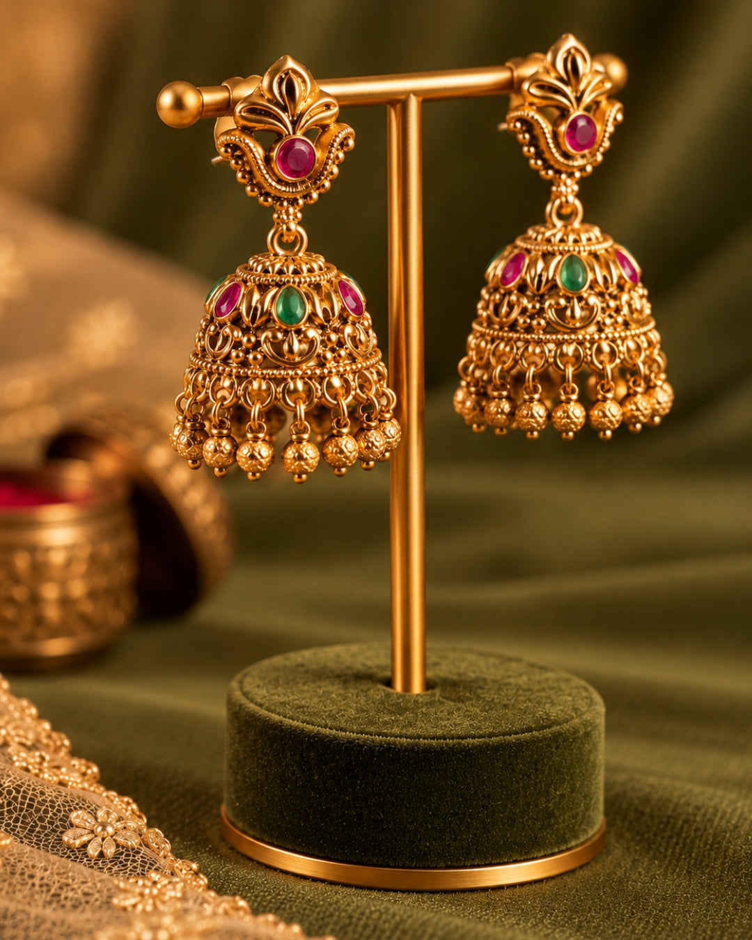 Traditional Gold-Plated Multicolour stones Jhumka Earrings