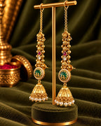 Traditional Brass 22K Micron Rajwadi Gold Plated White Beaded Chain Jhumka Earrings