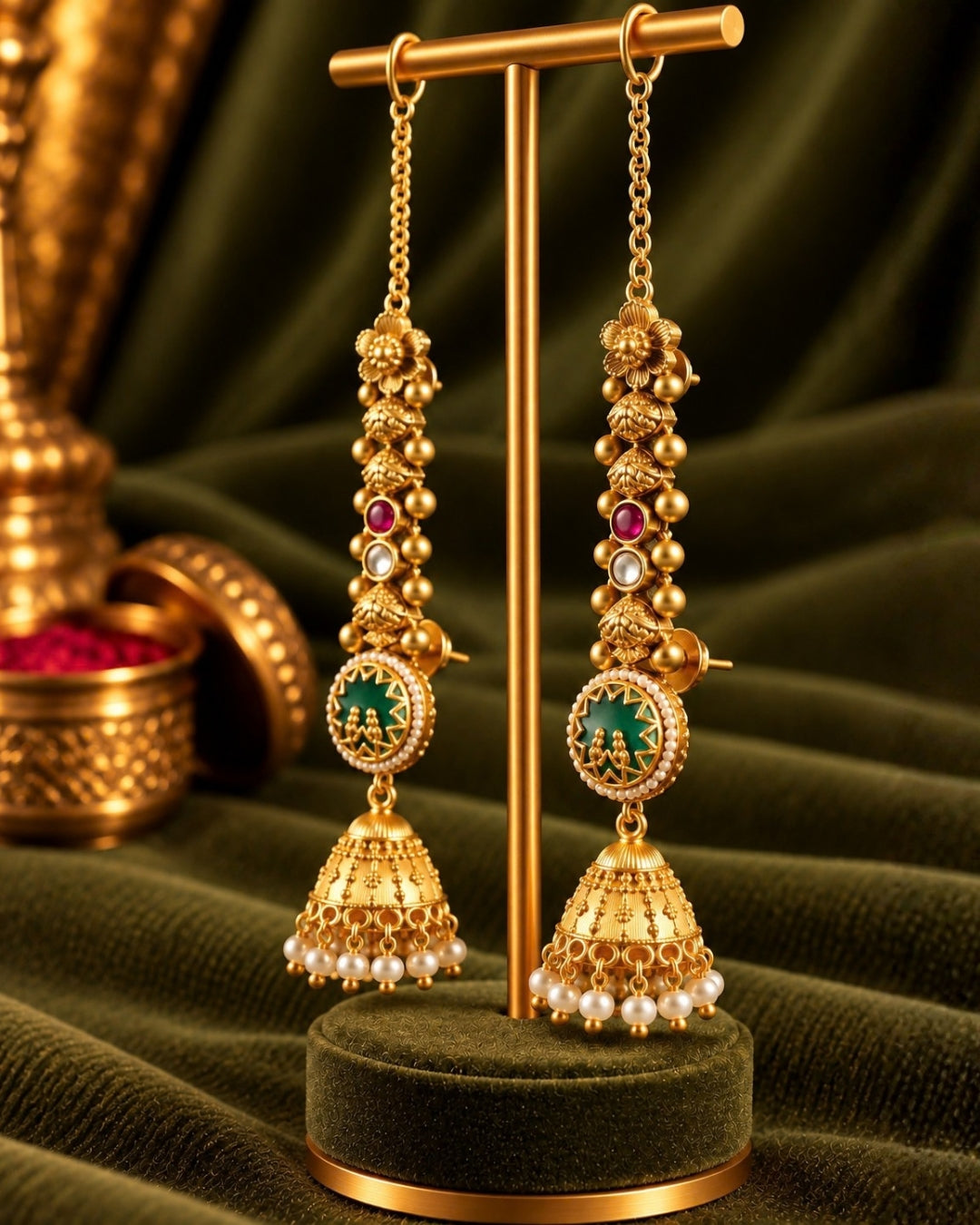 Traditional Brass 22K Micron Rajwadi Gold Plated White Beaded Chain Jhumka Earrings