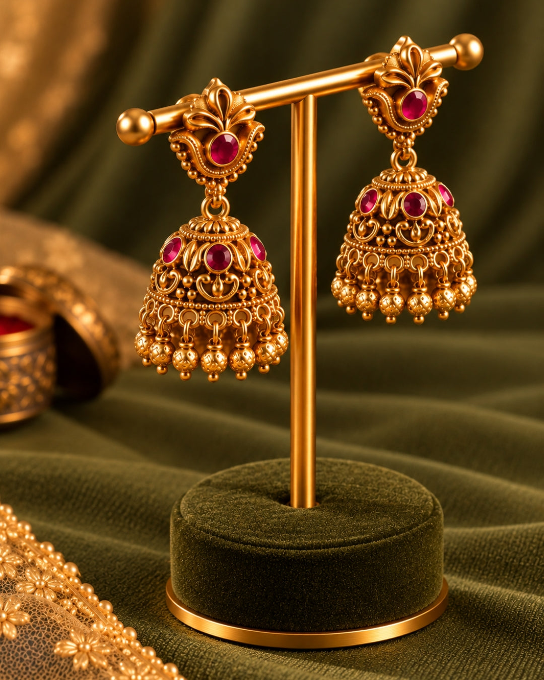 Gold-Plated Golden Beads & Red Stones Traditional Jhumka Earrings