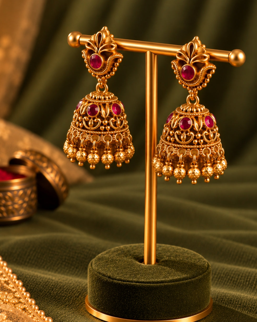 Gold-Plated Golden Beads & Red Stones Traditional Jhumka Earrings