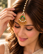 Traditional Brass Gold-Plated Maang Tikka with Green Stone & Beads