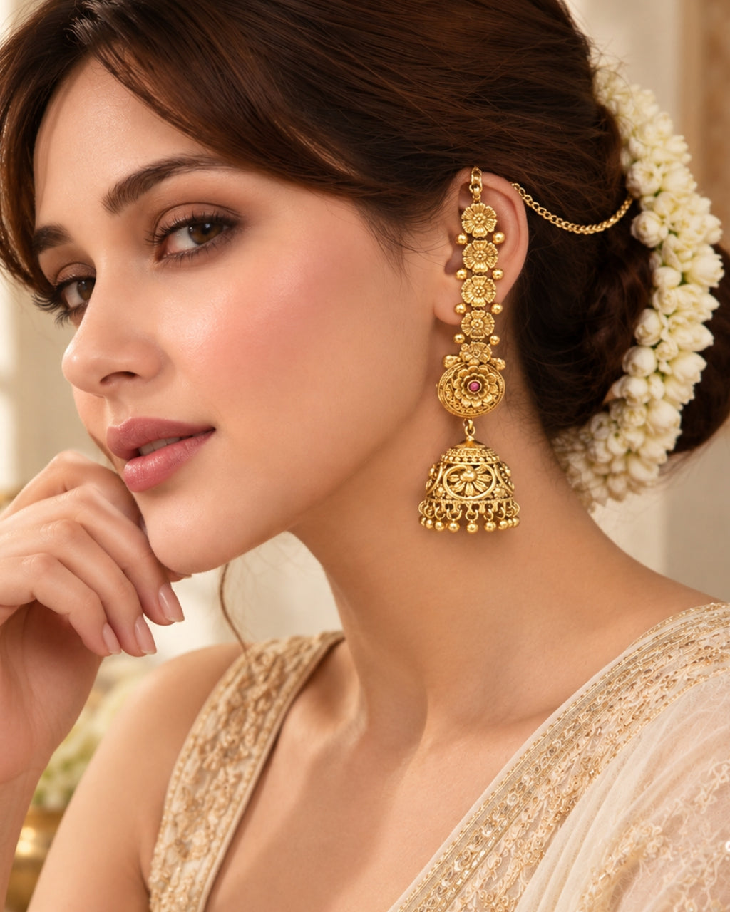 Women Traditional Brass 22K Micron Gold Plated Chain Jhumka Earrings