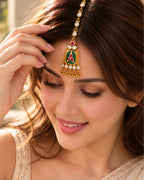 Brass Emerald & White Stone Beaded Gold-Plated Maang Tikka
