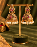 Red stones & White Beaded Gold-Plated Jhumka Earrings