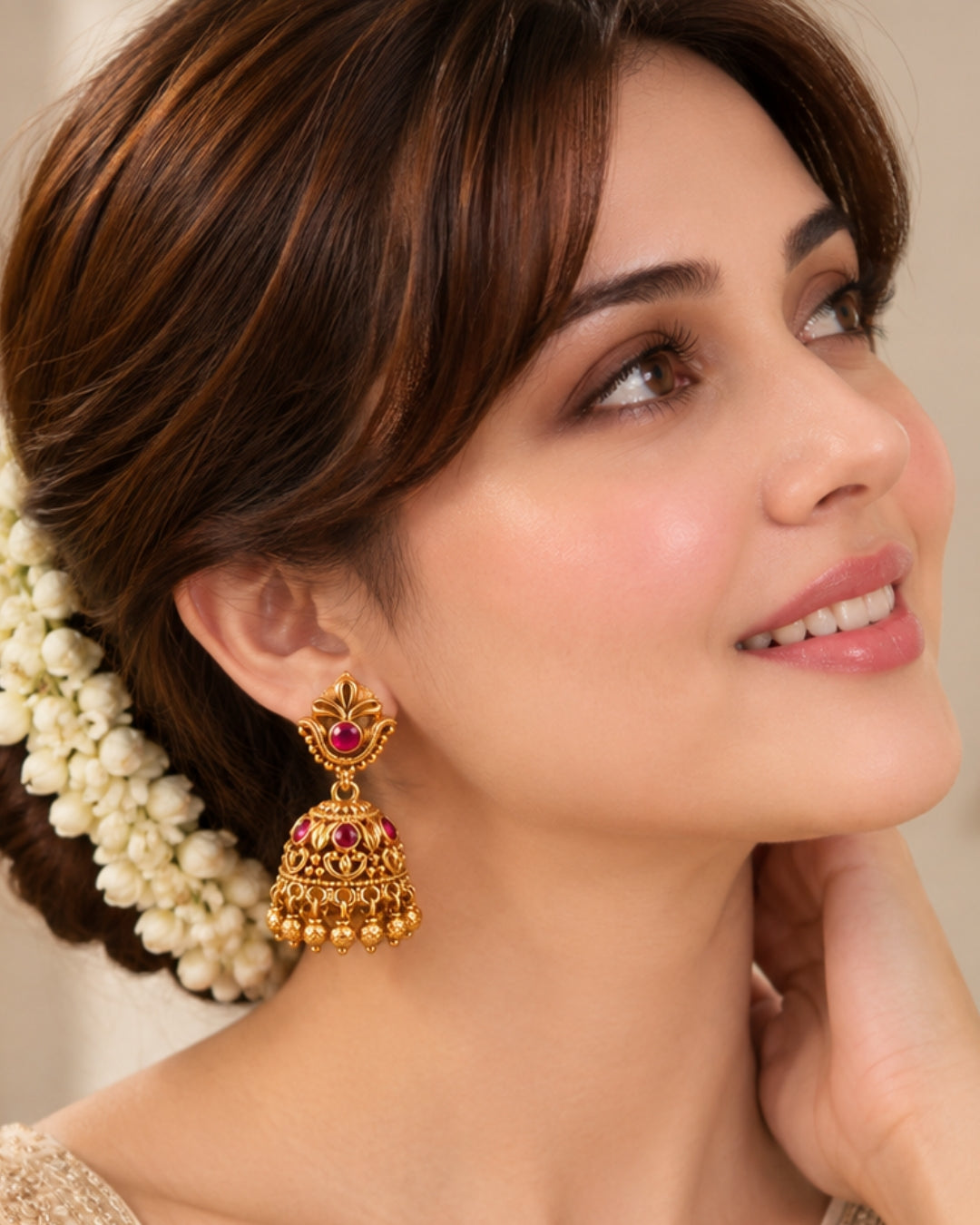 Gold-Plated Golden Beads & Red Stones Traditional Jhumka Earrings