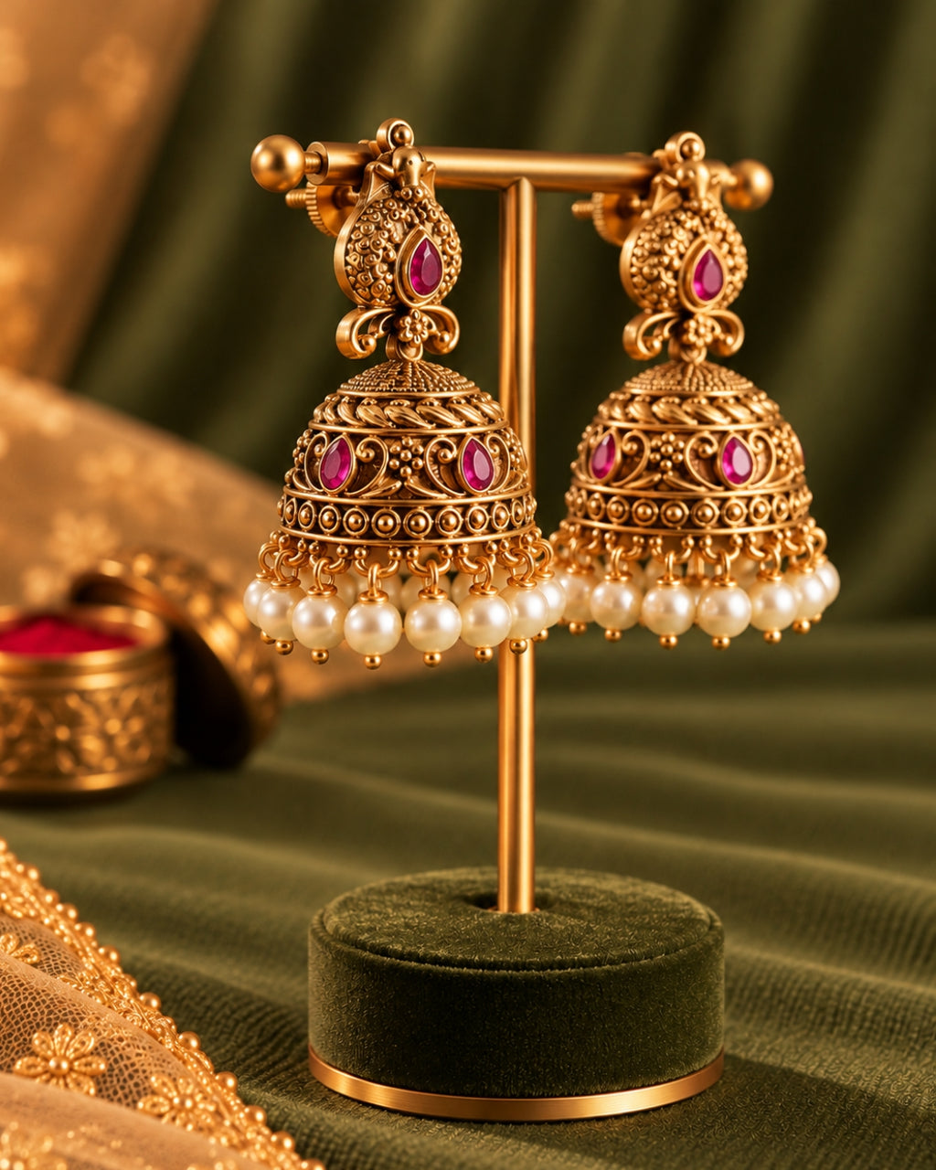 Red stones & White Beaded Gold-Plated Jhumka Earrings