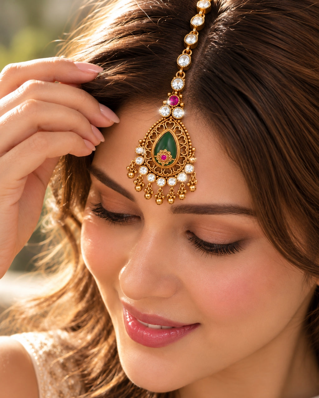 Traditional Brass Teardrop Stone & Beaded Maang Tikka