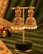 Red stones & White Beaded Gold-Plated Jhumka Earrings