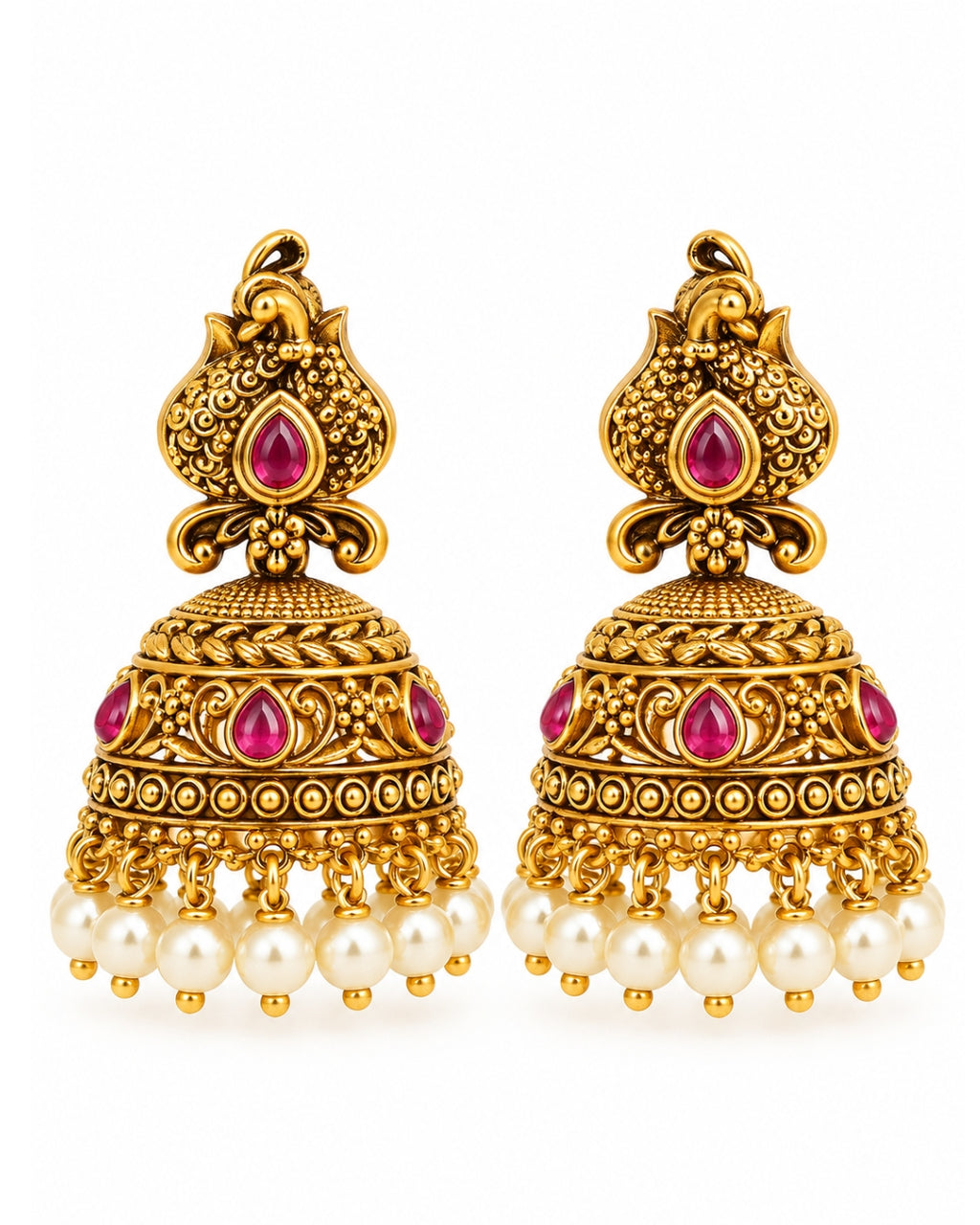 Red stones & White Beaded Gold-Plated Jhumka Earrings
