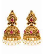 Red stones & White Beaded Gold-Plated Jhumka Earrings
